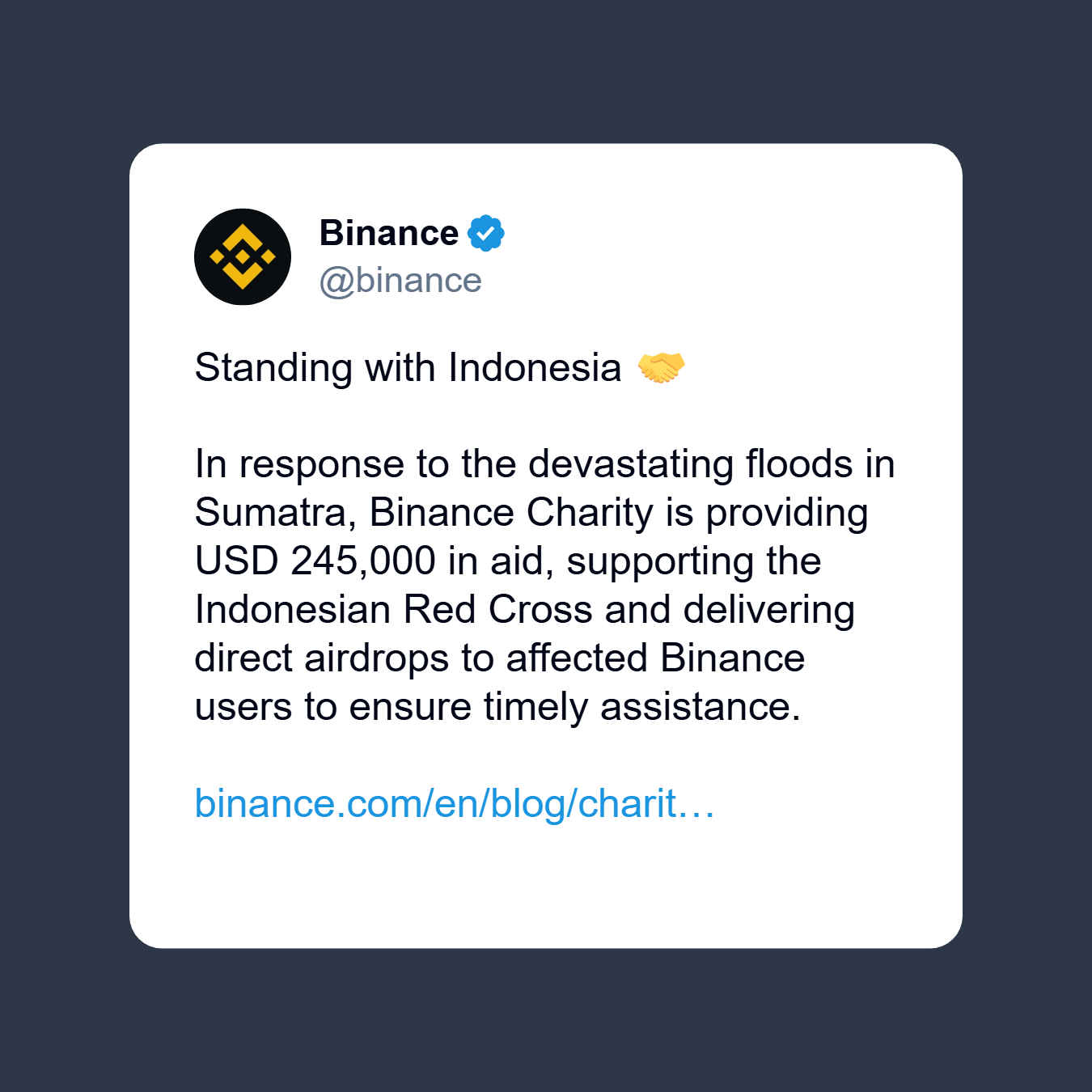 Pengumuman Bantuan Binance Charity US$245.000