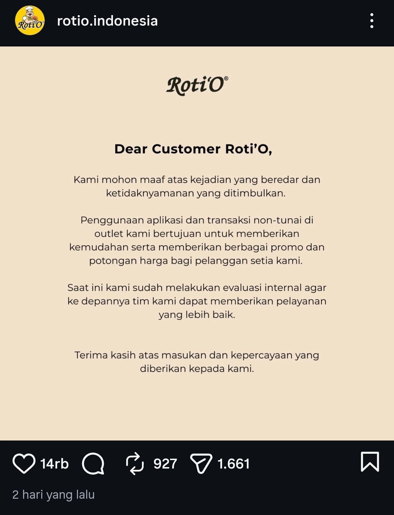 Klarifikasi resmi Roti’O terkait pembayaran QRIS